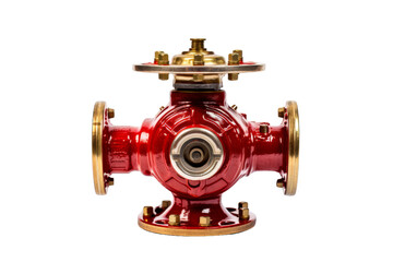 Fototapeta premium A detailed photo of a red industrial valve with metallic accents isolated on a white background. Ideal for engineering and industrial use.