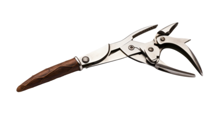 A metal hand tool with wooden handle, featuring an intricate mechanism, isolated on a white background, ideal for editing and design projects.