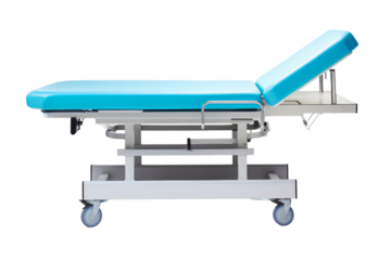 Adjustable medical examination table with wheels and blue padding, ideal for clinic, hospital, or doctor's office settings.