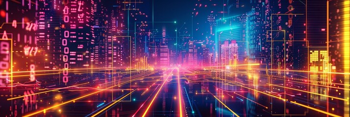 Fototapeta premium Vivid Neon Cyberpunk Cityscape with Digital Elements - A vibrant depiction of a futuristic cyberpunk city filled with neon lights and digital elements dominating the skyline.