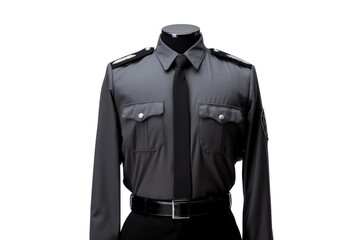 Classic black police uniform with shoulder epaulettes and front pockets, isolated on white background, perfect for security service themes.
