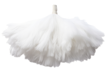 Close-up of a fluffy white duster isolated on a white background, showcasing soft feathers and cleaning utility.