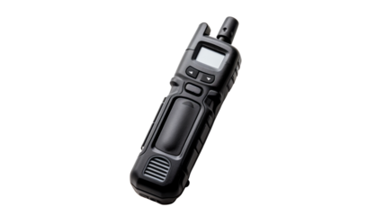 Close-up of a black handheld two-way radio transceiver isolated on a white background, showcasing its buttons and display screen.