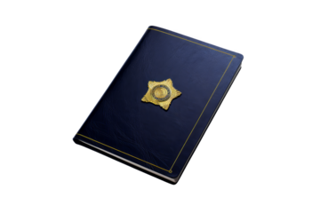 Close up of a dark blue police badge holder with a gold star emblem, isolated on a white background.