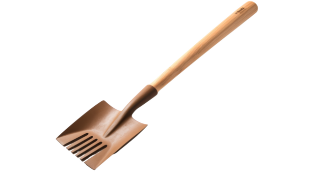 Close-up image of a metal shovel with a wooden handle, isolated on white background. Perfect for gardening and construction themes.