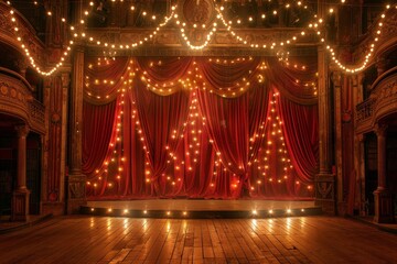 Stage Setting with Red Curtains and Festive Lights