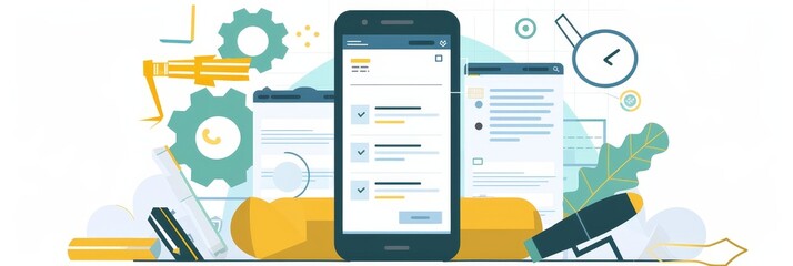 Mobile Task Management with Office Supplies and Digital Tools in Modern Workspace - Digital task management interface on mobile in a modern workspace, surrounded by office tools, gears, and papers.