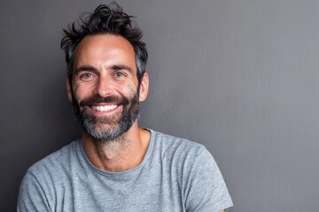 Fototapeta premium Portrait of a content man in his 30s smiling at the camera while standing against blank studio backdrop