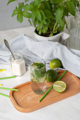 Summer food background, ingredients for homemade mojito cocktail drink on kitchen table
