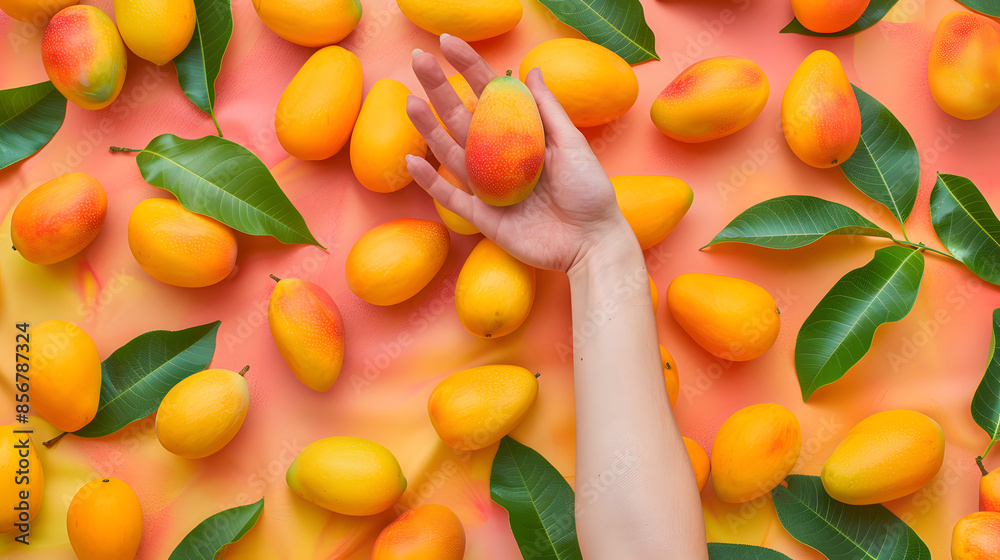 Wall mural hand holds mango and background is full pattern of mangoes - Wall murals