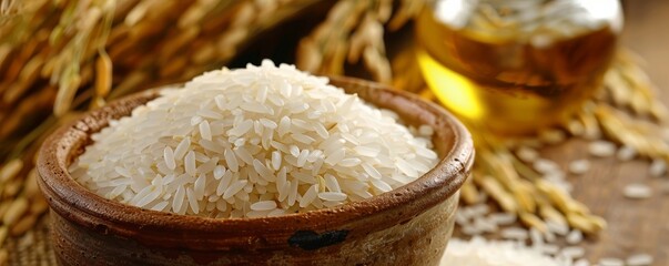 Bowl of uncooked white rice with rice stalks and oil in background, close-up view. Asian cuisine and raw ingredients concept