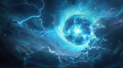 A dark blue lightning storm with a glowing sphere of light in the center