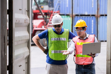 Customs Team Staff Open Container Door checking look inside Cargo In Container Cabinet. Import Export Shipping Prohibited goods.