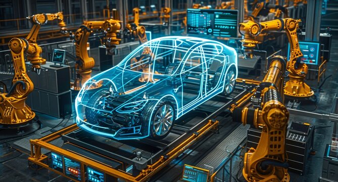 Futuristic car factory with robotic arms assembling a high-tech vehicle