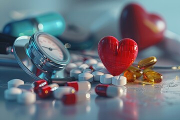 Close-up photo of heart medications next to a stethoscope, emphasizing their role in managing heart health. Generative AI