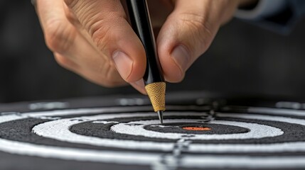 Close-up of a hand using a mechanical pencil on a dartboard, symbolizing precision and accuracy in goal setting and achievement.
