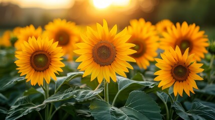 Obraz premium Sunflowers in a field at sunset, vibrant colors. Nature and agriculture concept