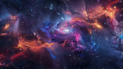 Obraz premium Abstract illustration of a cosmic nebula with vibrant colors and a starry sky background, showcasing the wonder of space.