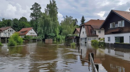 Fototapeta premium consequences of a flood in a small town or village. private houses and streets in water after a dam break or rainstorms