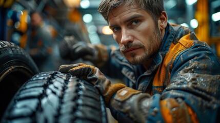 A mechanic inspects a car's tires in a professional auto shop. The bright shop lights illuminate the mechanic's concentrated expression as he completes his work.