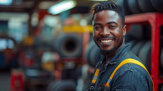 portrait of an afro american mechanic in a tire shop replacing and repairing wheels, selling tires, car tire service