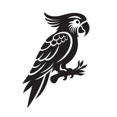 vector silhouette of a parrot on a white background, The bird is perched on a branch