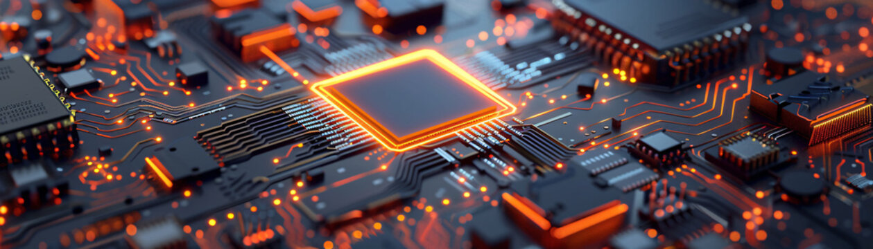 Futuristic semiconductor fab with glowing circuits, the heart of technological innovation