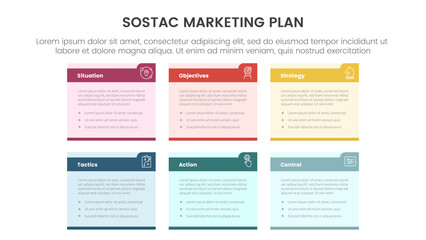 SOSTAC marketing planning model infographic with small rectangle box table with strong header with 6 step points for slide presentation