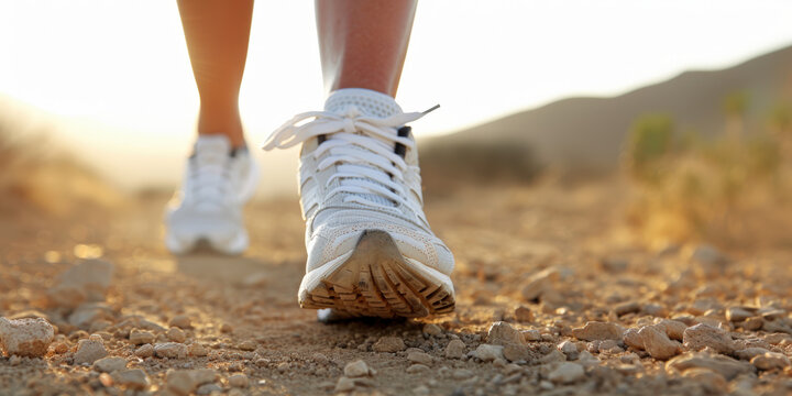 personne faisant une randonn&eacute;e avec des chaussures de marche sur un sentier