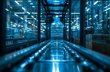Fototapeta premium High-tech packaging machine in industrial factory with plastic water bottle on conveyor belt