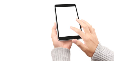 Hand holding smartphone device and touching screen