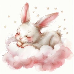 Sweet nursery art watercolor painting wall art for kids, children feature cute bunny rabbit  sleeping on the pink fluffy cloud on white background, wallpaper
