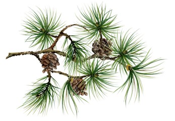 Fir pine tree spruce conifer branch with needles, cone. Hand drawn watercolor botanical illustration. Single object isolated white background. Design wedding, love cards, florist shop, bouquet.