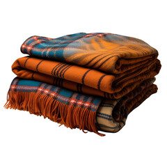 Stack of colorful plaid blankets with fringe, neatly folded and ready for cozy winter nights or home decor.