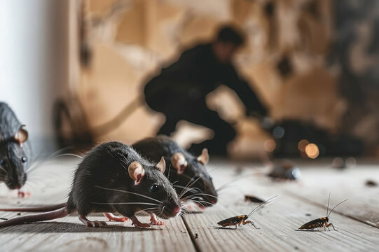 Rats and cockroaches are on the floor of flat or house. Pest control professional with special equipment is in the background. 