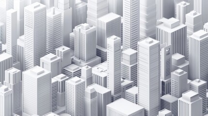 A minimalist cityscape of isometric buildings in shades of gray.