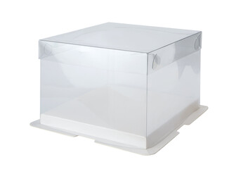 Side view of empty disposable plastic cake container isolated on white