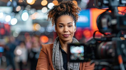 Fototapeta premium Confident and focused African woman journalist or news reporter presenting a live news broadcast in a television studio setting She is wearing a shirt and jacket