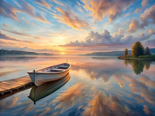 Obraz premium A wooden dock extends out into a calm lake, where a lone rowboat is moored. the sky is ablaze with color as the sun sets behind a distant forest.