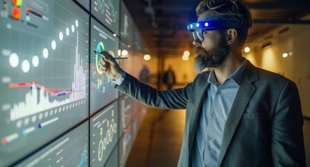 Businessman in smart glasses analyzing digital graphs on a large screen in an office