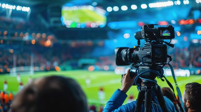 Live sports broadcasting event with crews capturing the action on the field and commentators providing in depth analysis and discussion of the ongoing game or competition to the audience