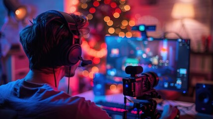 Energetic Live Vlogging Event Capturing a Person Streaming Their Daily Activities and Hobbies in a Vibrant and Modern Professional Studio Setup with Cutting Edge Multimedia Equipment