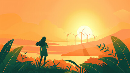 A flat illustration of a woman standing on top of a hill, looking at the wind turbines and river in front of her