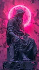 Obraz premium Neon Glowing Halo on Classical Greek Statue in Surreal Pink Marble Background