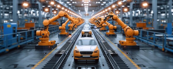 Modern car factory with robotic arms on assembly line producing vehicles