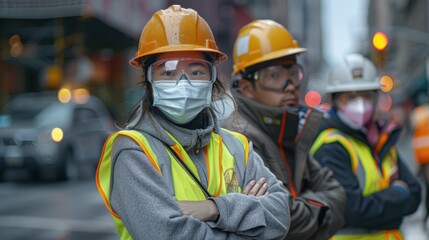 Obraz premium Three construction workers wearing hard hats, reflective vests, and face masks, standing confidently with arms crossed, demonstrating teamwork and safety protocols on the job site. 