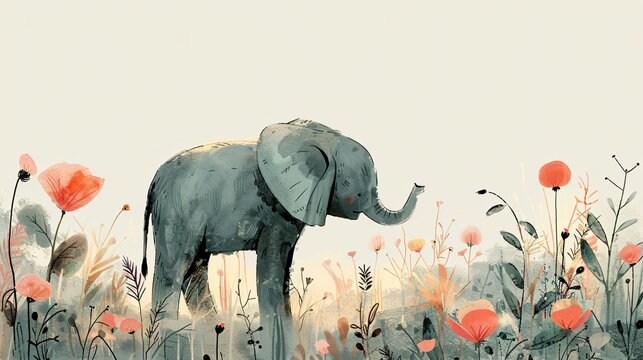 Sweet nursery art watercolor painting wall art for kids, children feature cute grey elephant in the forest background, wallpaper