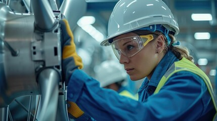 Professional wind power technicians in protective gear performing maintenance and repair work on a large industrial wind turbine  They are inspecting