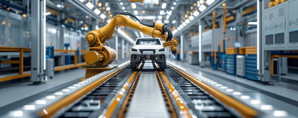 Fototapeta premium Modern car factory with advanced robotic arm assembling vehicle on production line