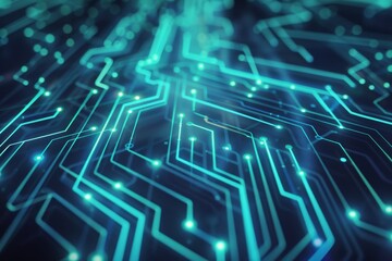 Ethereal blue circuit board suspended in dark abstract environment with radiating light patterns